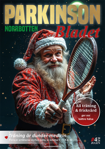 Omslag till Parkinsonbladet nr 4 en tomte med tennisracket